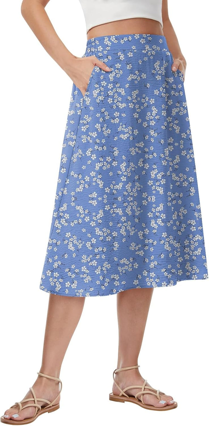 Womens Midi Skirt Summer A-Line Flowy Pleated High Waist Skirts