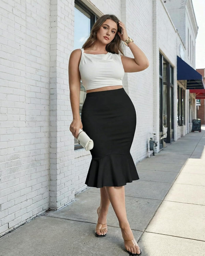 Womens Plus Size Fishtail Pencil Skirt High Waist Midi Stretchy Office Work Skirt Business Casual