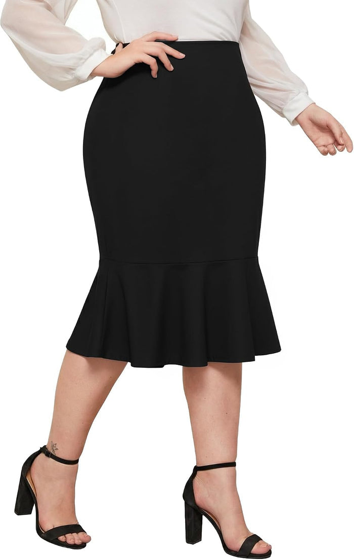 Womens Plus Size Fishtail Pencil Skirt High Waist Midi Stretchy Office Work Skirt Business Casual
