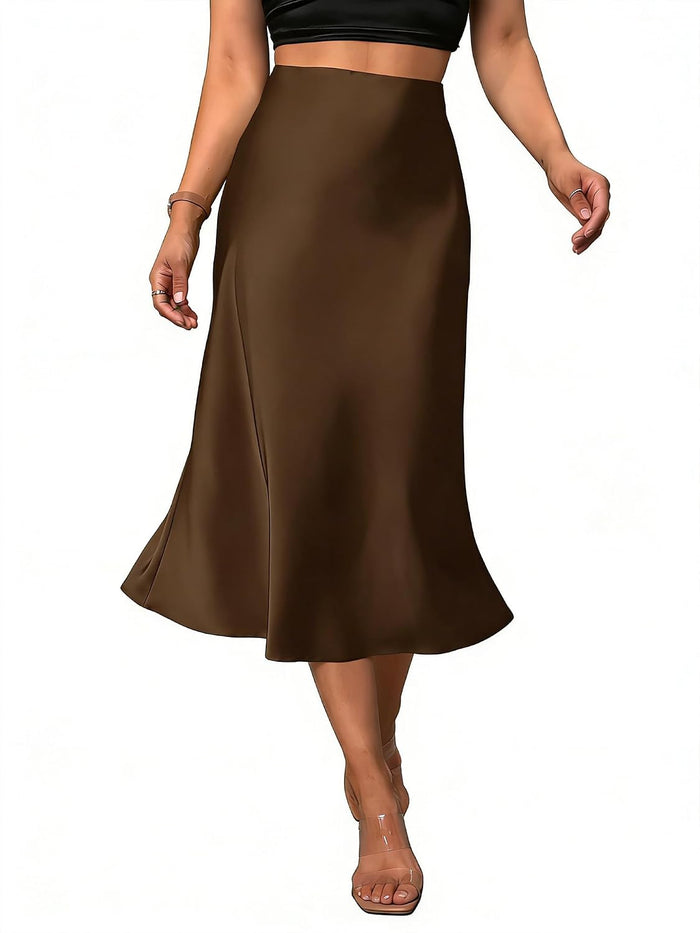 Women's Satin Midi Skirt Elegant Fishtail Silk A Line Work Casual Skirts