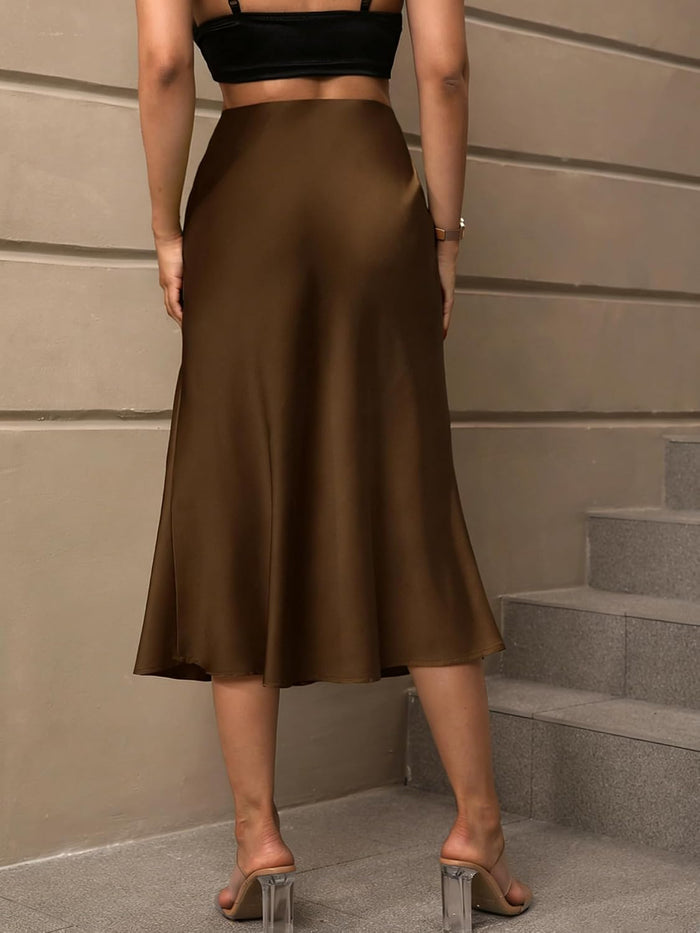 Women's Satin Midi Skirt Elegant Fishtail Silk A Line Work Casual Skirts