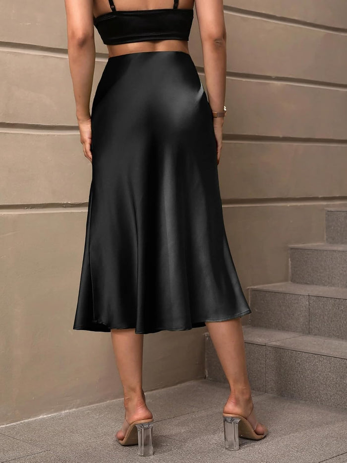 Women's Satin Midi Skirt Elegant Fishtail Silk A Line Work Casual Skirts