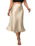 Women's Satin Midi Skirt Elegant Fishtail Silk A Line Work Casual Skirts