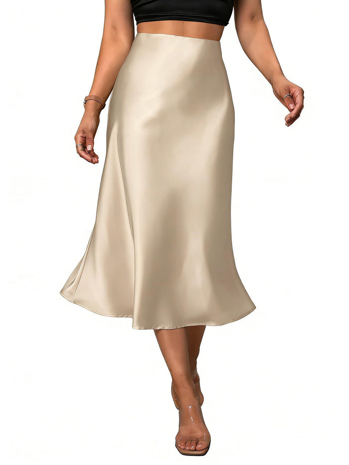 Women's Satin Midi Skirt Elegant Fishtail Silk A Line Work Casual Skirts