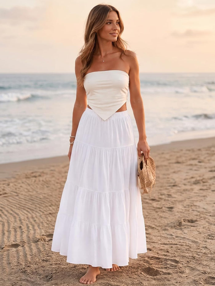 Women's White Maxi Skirt Summer Boho Long Flowy Pleated Tiered High Waist A-Line Flared Skirts