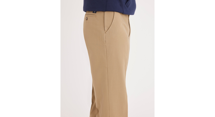 Side view of model wearing New British Khaki Workday Khakis, Classic Fit (Big and Tall).