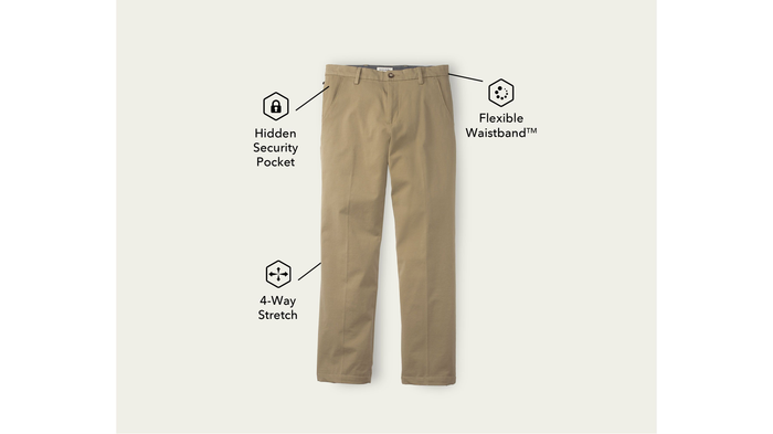 View of model wearing Black Workday Khakis, Straight Fit.