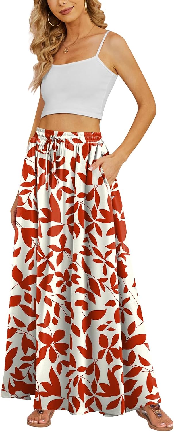 Yincro Women's Flowy Maxi Skirt Summer Pleated High Waisted Casual Long Skirts with Pockets