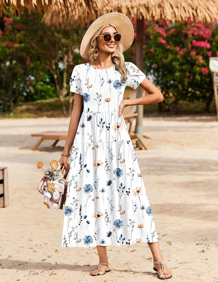 Zeagoo Summer Dresses for Women 2026 Maxi Bohemian Short Sleeve Long Dress