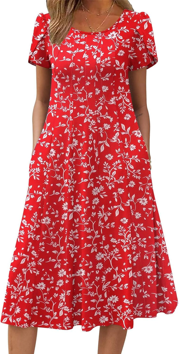 ZEAGOO Womens Casual Dresses for Summer Short Sleeve Flare Midi Dress Loose Flowy Beach Sundress