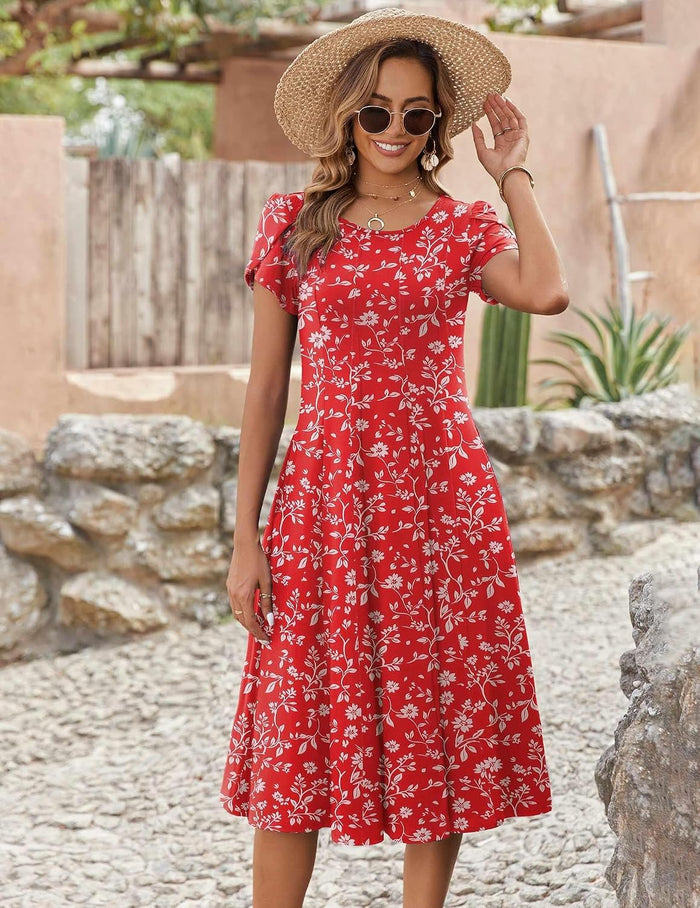 ZEAGOO Womens Casual Dresses for Summer Short Sleeve Flare Midi Dress Loose Flowy Beach Sundress