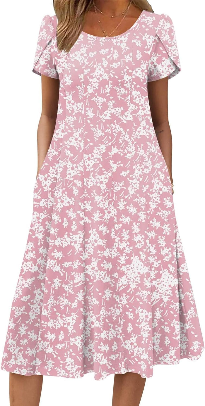 ZEAGOO Womens Casual Dresses for Summer Short Sleeve Flare Midi Dress Loose Flowy Beach Sundress