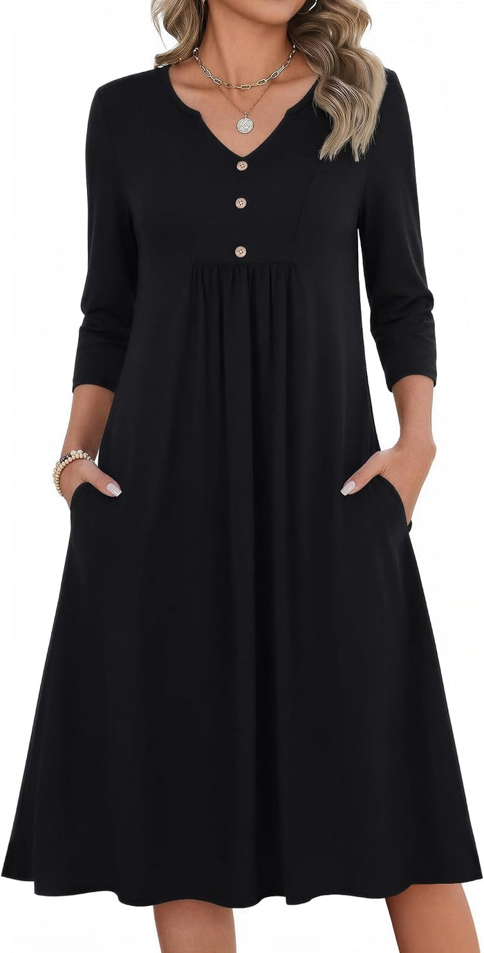 Zeagoo Womens Dresses 3/4 Sleeve Casual Fall A Line Midi Dress with Pockets