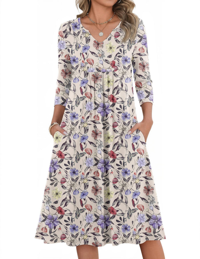 Zeagoo Womens Dresses 3/4 Sleeve Casual Fall A Line Midi Dress with Pockets