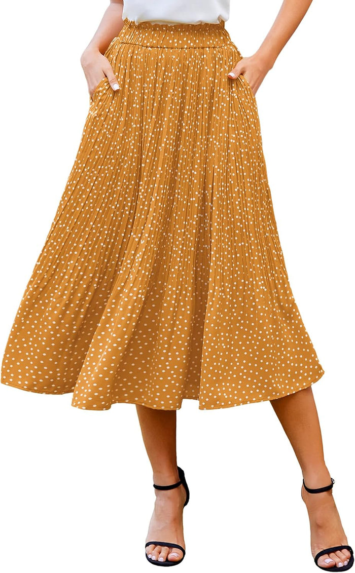 Zeagoo Women's Midi Skirts High Waisted Pleated A-Line Swing Skirts Summer Long Skirts with Pockets