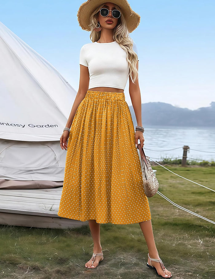 Zeagoo Women's Midi Skirts High Waisted Pleated A-Line Swing Skirts Summer Long Skirts with Pockets