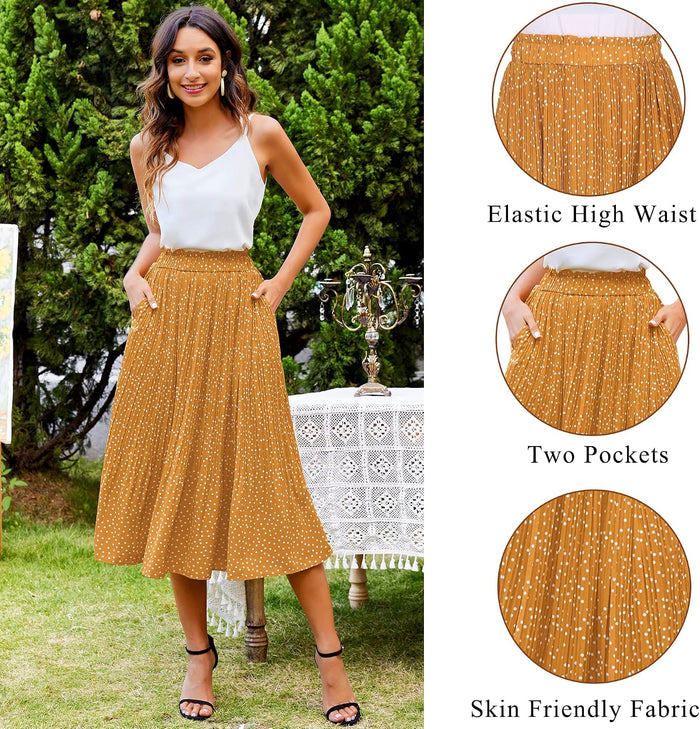 Zeagoo Women's Midi Skirts High Waisted Pleated A-Line Swing Skirts Summer Long Skirts with Pockets