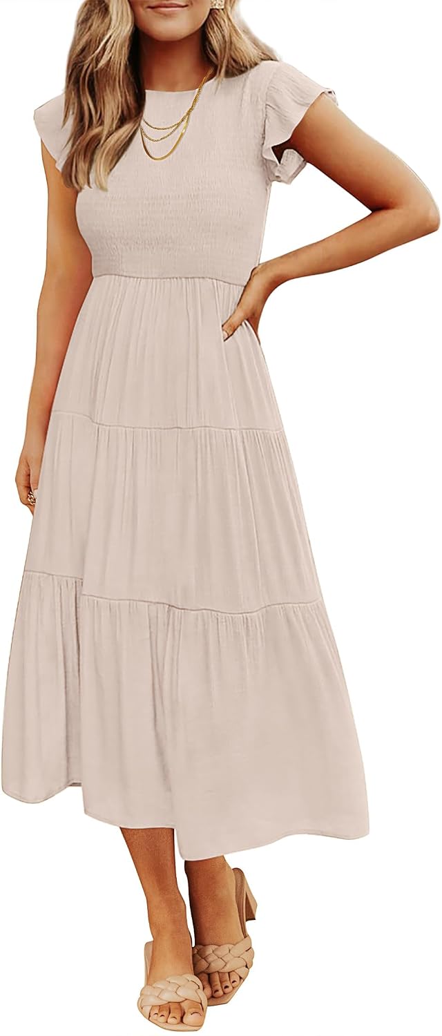 ZESICA Women's 2026 Summer Casual Flutter Short Sleeve Smocked Midi Dress