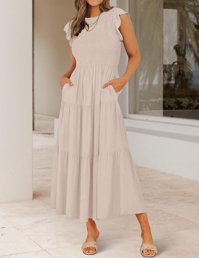 ZESICA Women's 2026 Summer Casual Flutter Short Sleeve Smocked Midi Dress