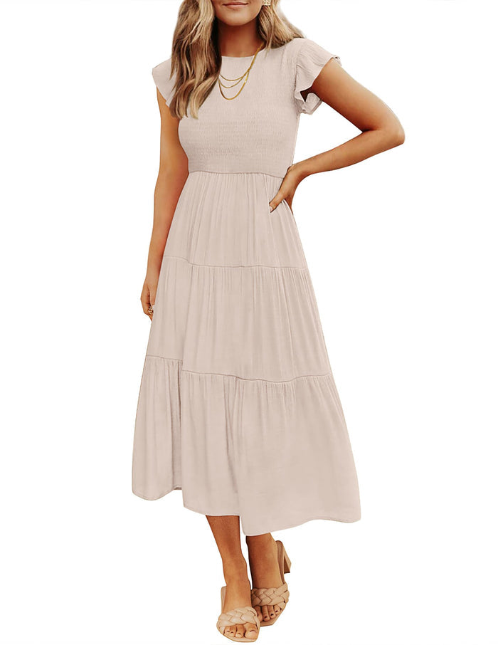 ZESICA Women's 2026 Summer Casual Flutter Short Sleeve Smocked Midi Dress