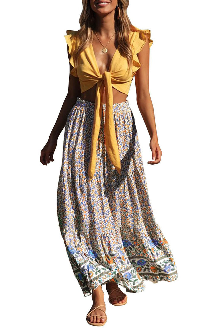ZESICA Women's Bohemian Floral Printed Elastic Waist A Line Maxi Skirt