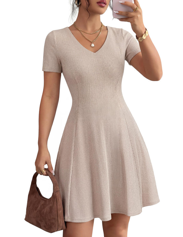 ZESICA Women's Summer Business Casual Ribbed A Line Mini Sweater Dress